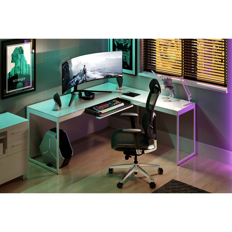 Satin White & Grey Glass Writing Desk with Drawer and Power Outlet