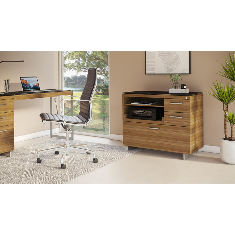 Natural Walnut and Satin Nickel Mobile Filing Cabinet with Black Glass Top