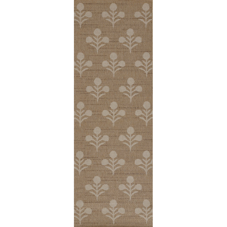 Beige Floral Diamond Pattern Indoor Outdoor Runner Rug