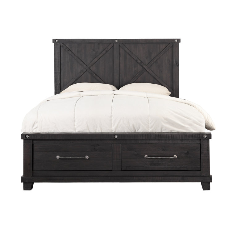 Queen Rustic Black Pine Upholstered Storage Bed with Nailhead Trim
