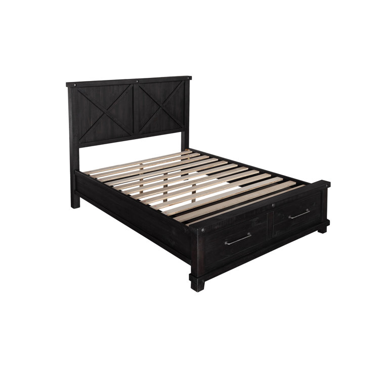 Queen Rustic Black Pine Upholstered Storage Bed with Nailhead Trim