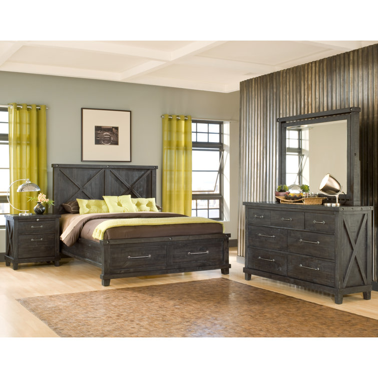 Queen Rustic Black Pine Upholstered Storage Bed with Nailhead Trim