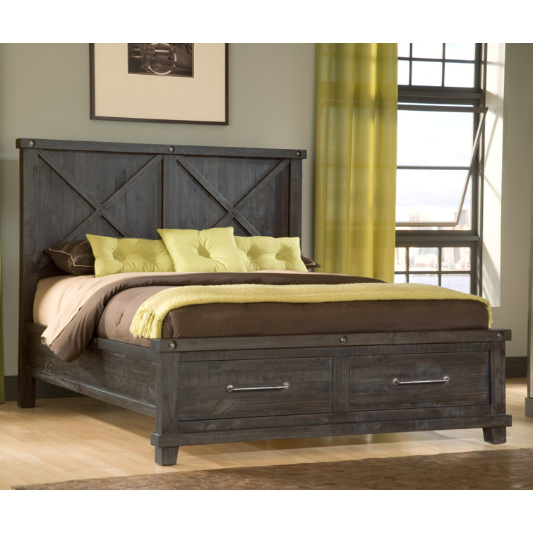 Queen Rustic Black Pine Upholstered Storage Bed with Nailhead Trim