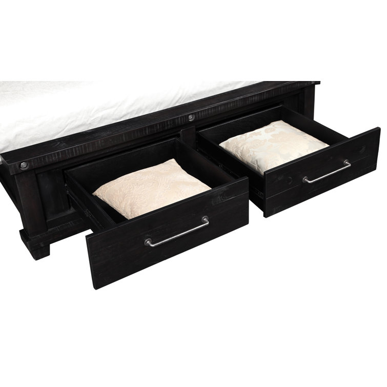 Queen Rustic Black Pine Upholstered Storage Bed with Nailhead Trim