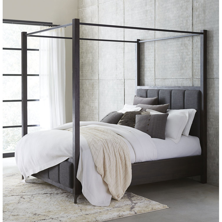 California King Vintage Coffee Upholstered Canopy Bed with Solid Wood Frame