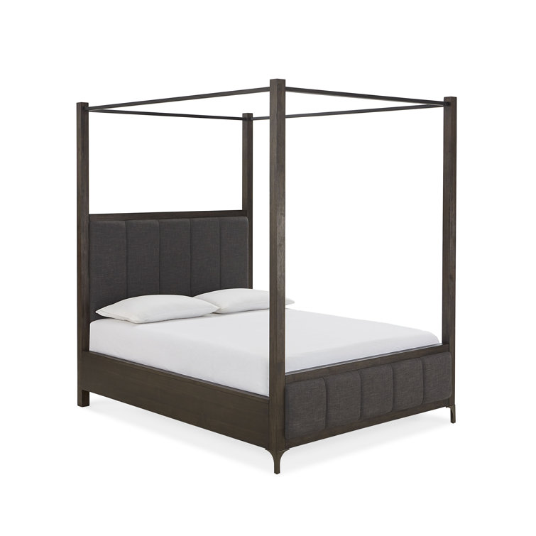 California King Vintage Coffee Upholstered Canopy Bed with Solid Wood Frame