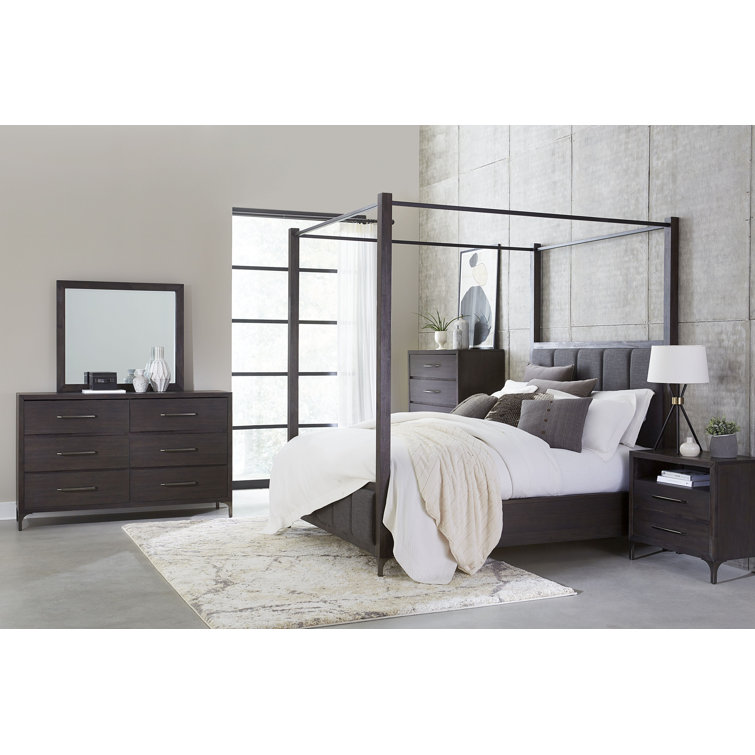 California King Vintage Coffee Upholstered Canopy Bed with Solid Wood Frame