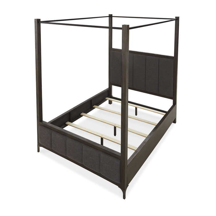 California King Vintage Coffee Upholstered Canopy Bed with Solid Wood Frame