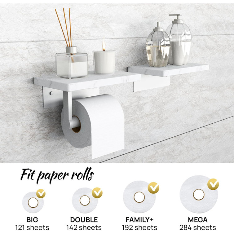 Double Nickel Toilet Paper Holder with White Marble Shelves