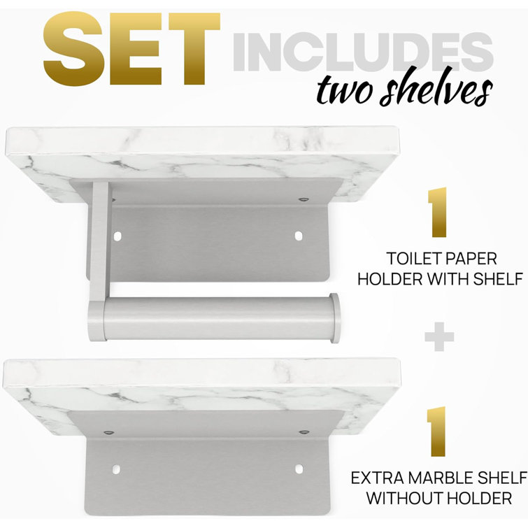 Double Nickel Toilet Paper Holder with White Marble Shelves