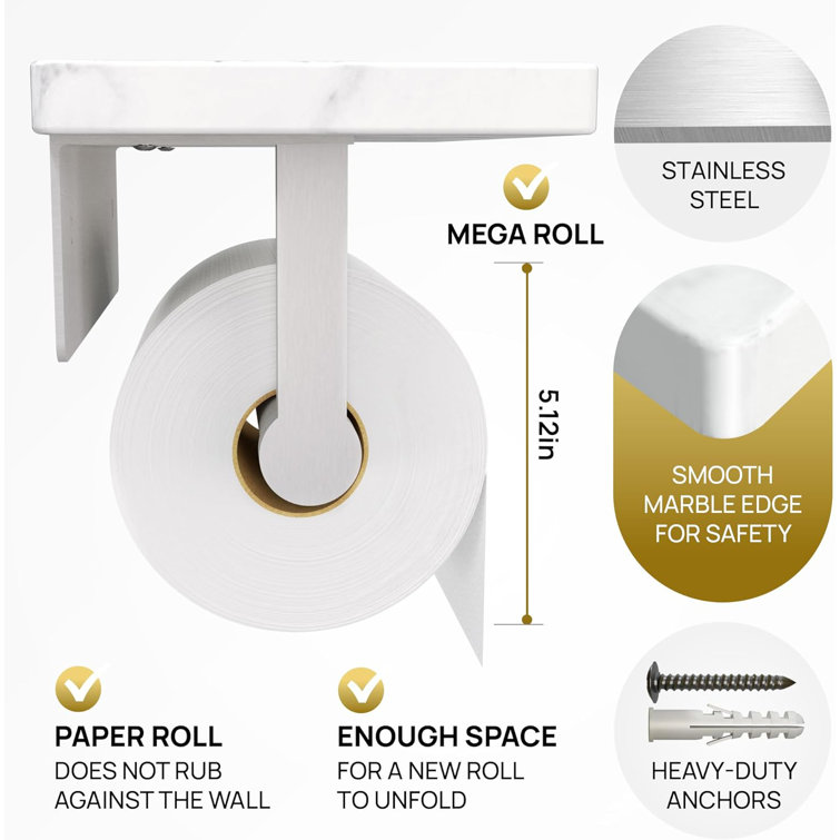 Double Nickel Toilet Paper Holder with White Marble Shelves