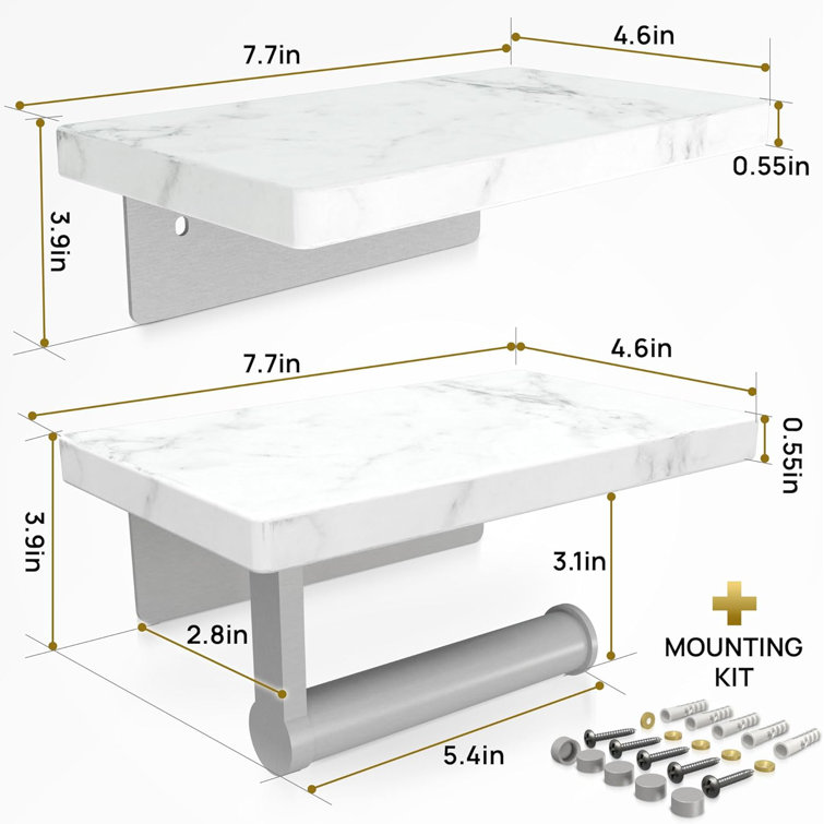 Double Nickel Toilet Paper Holder with White Marble Shelves