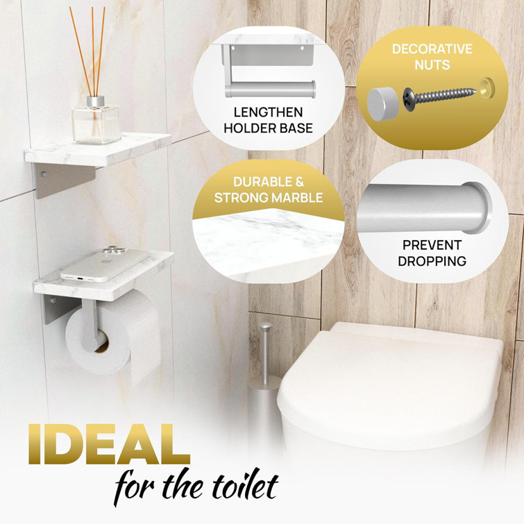 Double Nickel Toilet Paper Holder with White Marble Shelves