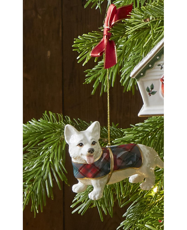 Festive Tartan Plaid Corgi Porcelain Christmas Ornament