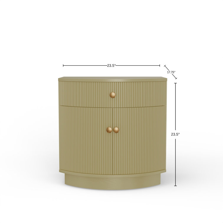 Olive Green Ribbed 1-Drawer Nightstand with Brass Knobs