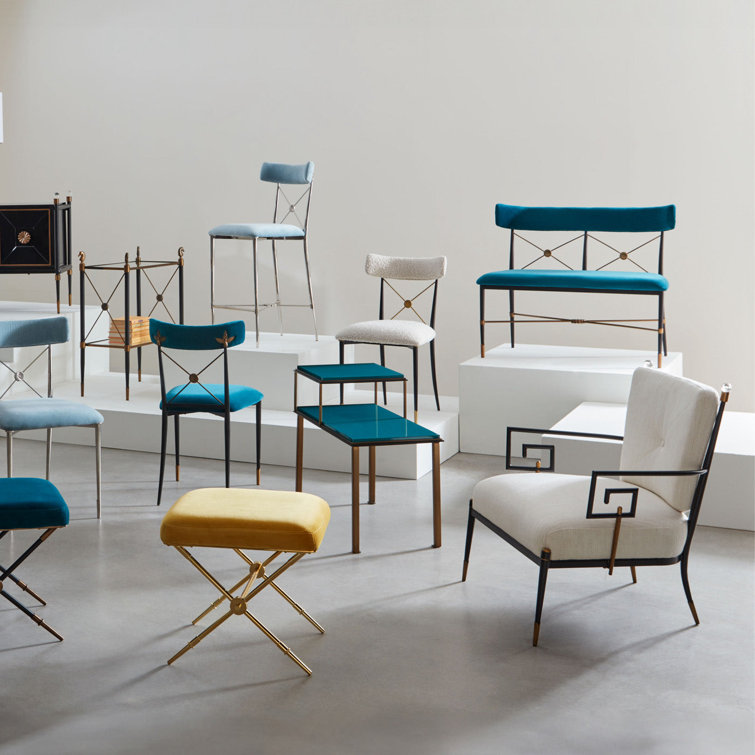White Linen Upholstered Armchair with Blackened Metal Frame