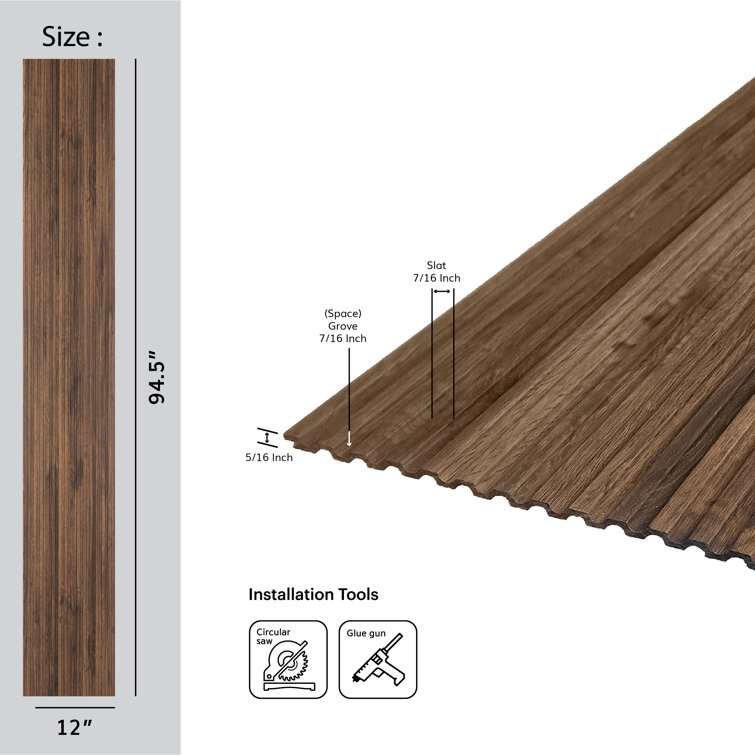 Walnut Brown Textured Shiplap Wood Slat Wall Panels, 94.5" x 12", Pack of 10