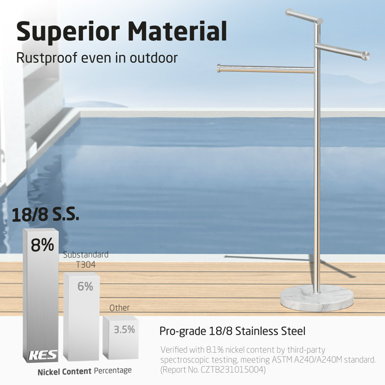 Brushed Silver Freestanding Towel Rack with Marble Base