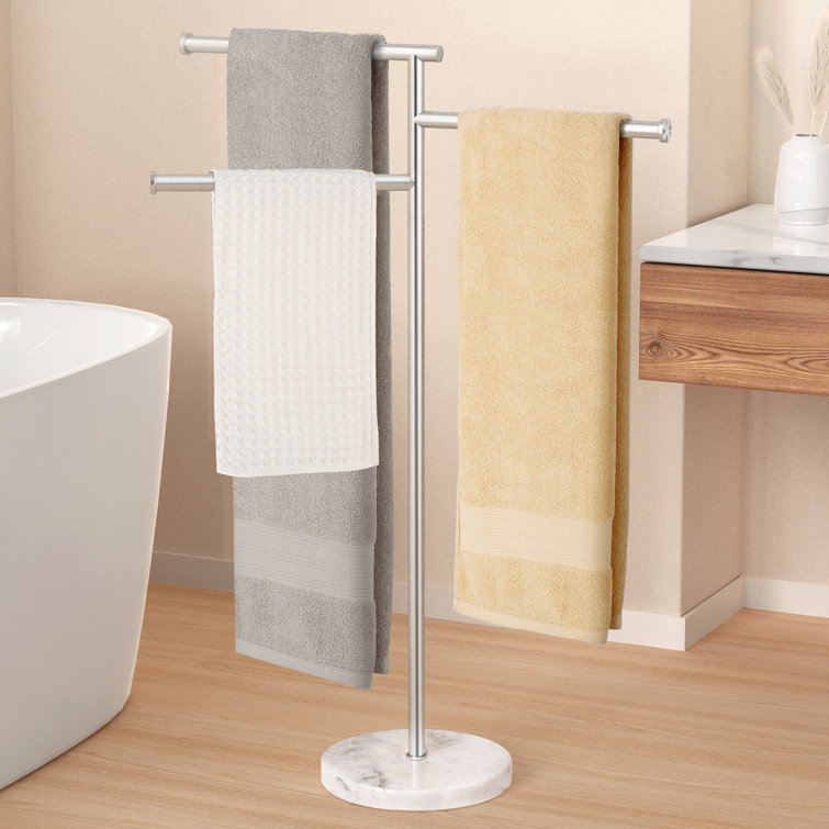 Brushed Silver Freestanding Towel Rack with Marble Base