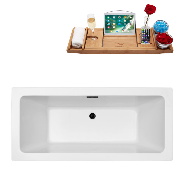 59" White Acrylic Freestanding Soaking Bathtub with Bamboo Tray