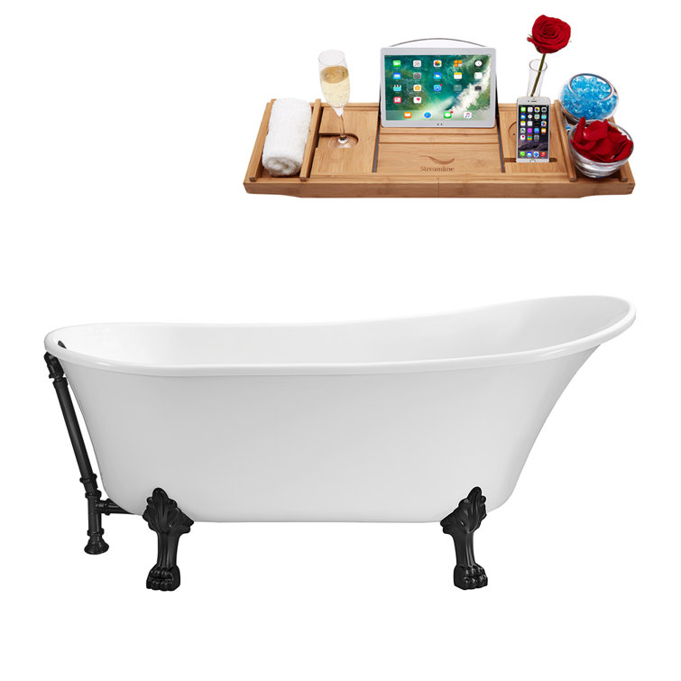 63" Glossy White Acrylic Clawfoot Bathtub with Matte Black Feet