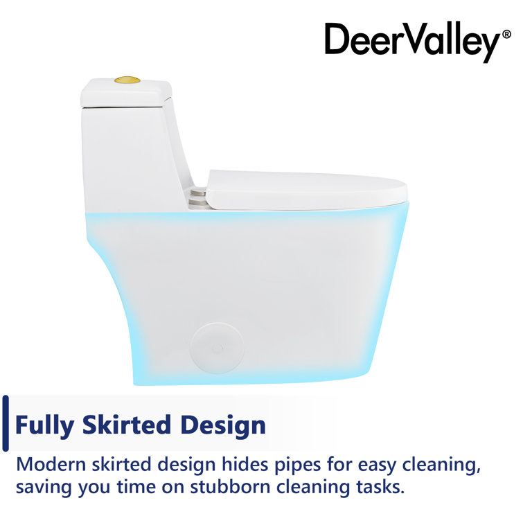 White and Gold Dual-Flush Elongated One-Piece Toilet