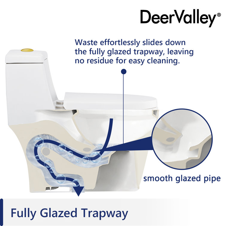 White and Gold Dual-Flush Elongated One-Piece Toilet