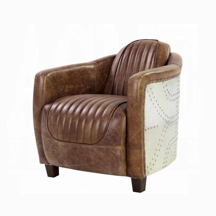 Retro Brown Top Grain Leather and Aluminum Accent Chair