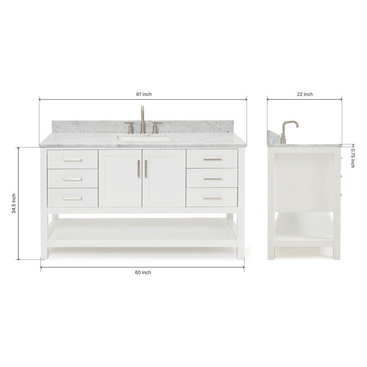 Magnolia 61" White Solid Wood Bathroom Vanity with Marble Top