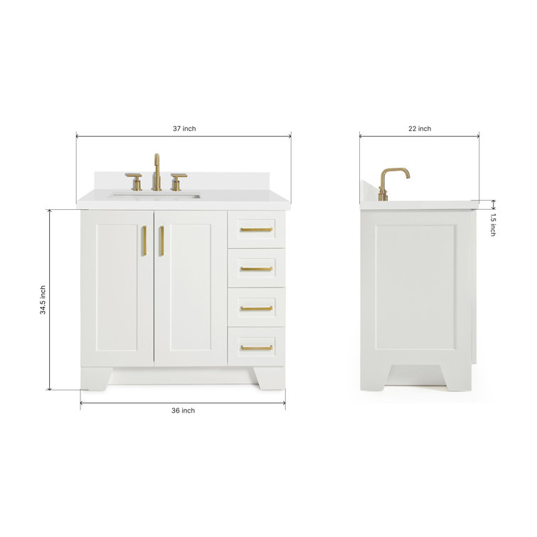 White Quartz Top Single Sink Bathroom Vanity with Brass Hardware