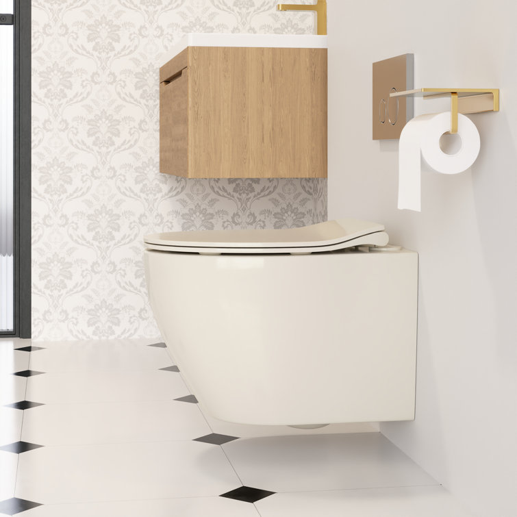 Beige Ceramic Wall-Hung Elongated Toilet with Slow-Close Seat