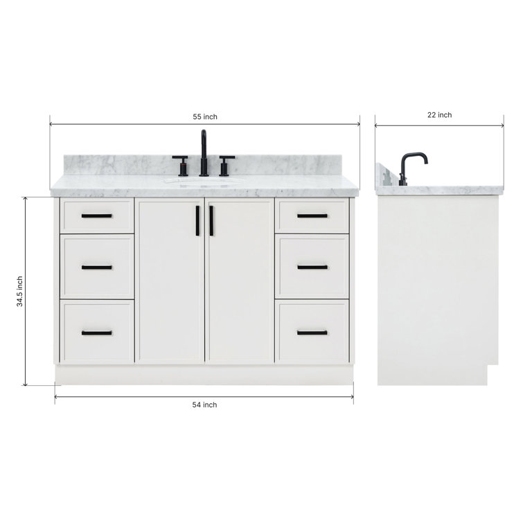 Kelly 55" White Solid Wood Single Sink Vanity with Carrara Marble Top
