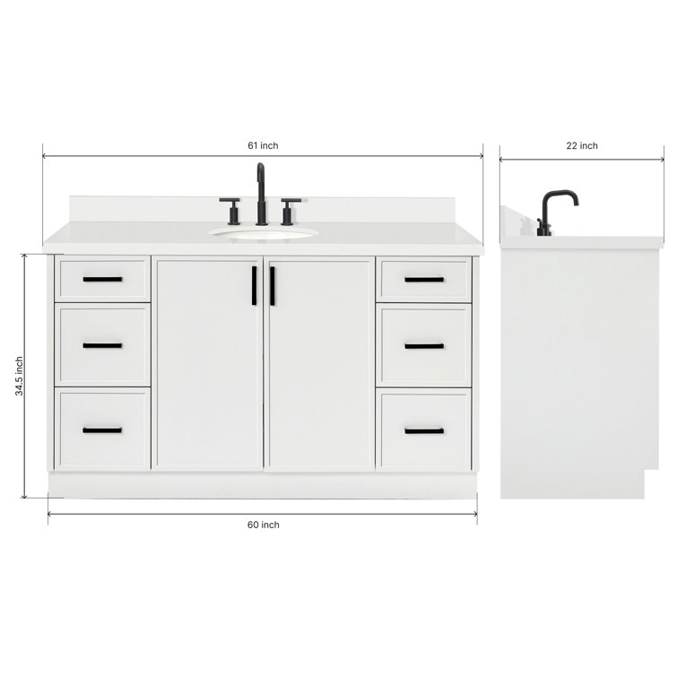White Solid Wood and Quartz Single Sink Bathroom Vanity, 61 inches
