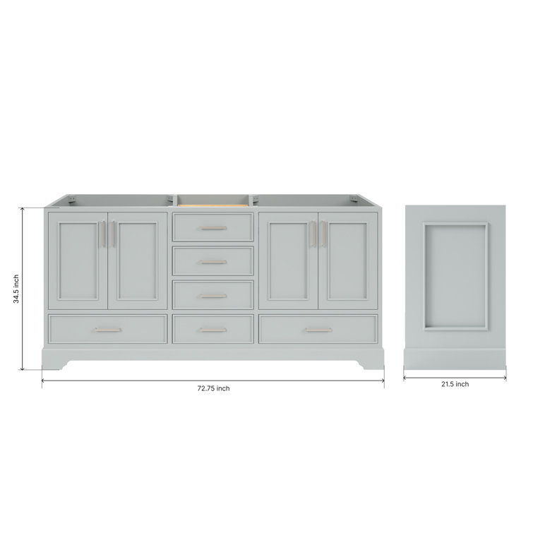 Stafford 73" Grey Double Freestanding Vanity Cabinet with Satin Brass Hardware