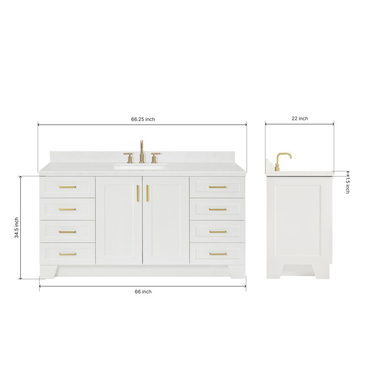 Taylor 66" White Freestanding Single Basin Vanity with Gold Hardware