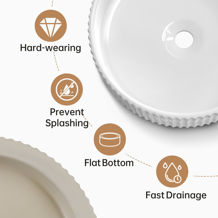 White Ribbed Ceramic Round Above-Counter Vessel Sink