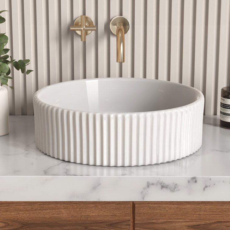 White Ribbed Ceramic Round Above-Counter Vessel Sink