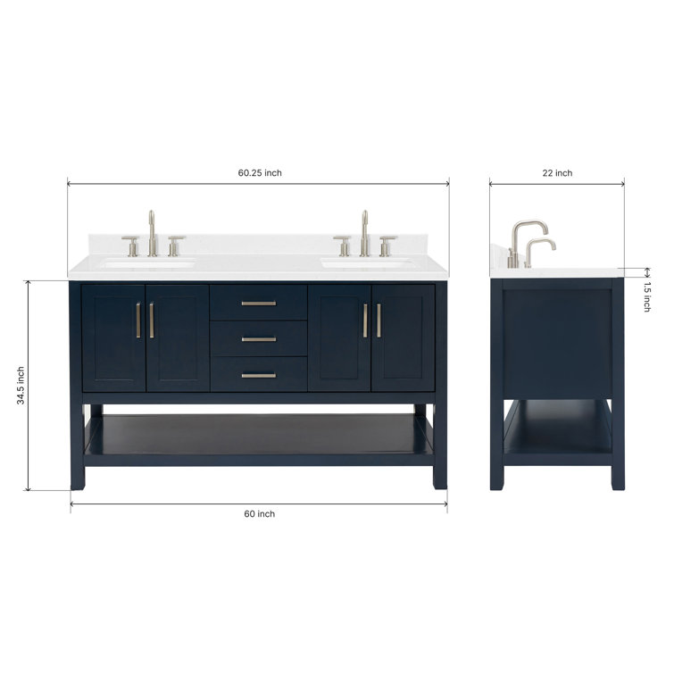 Midnight Blue Solid Wood Double Sink Freestanding Vanity with Quartz Top