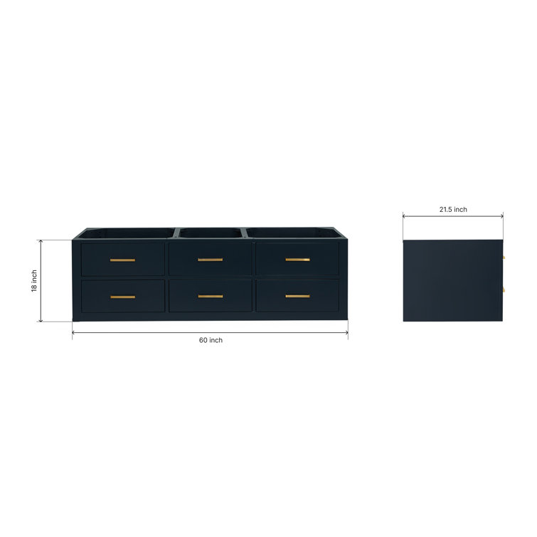 Midnight Blue 60'' Double Wall-Mounted Bathroom Vanity with Brass Handles