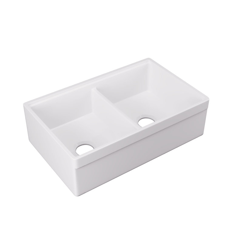 33" White Fireclay Double Bowl Farmhouse Kitchen Sink with Accessories