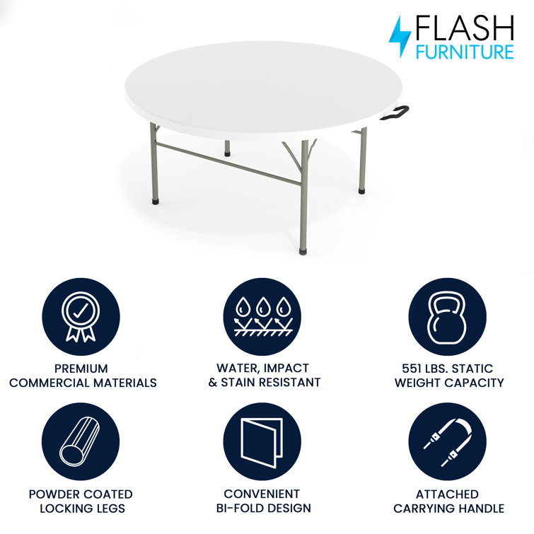 Granite White 60'' Round Bi-Fold Table with Metal Frame and Handle