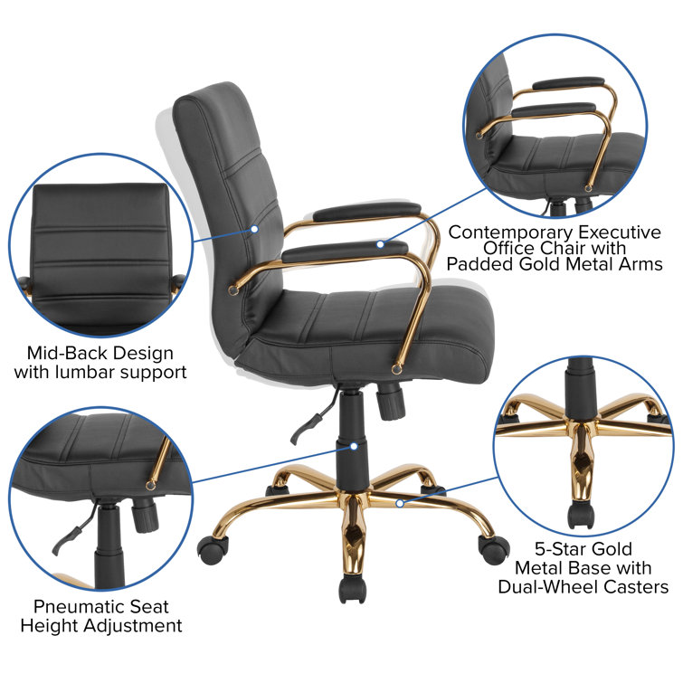 Mid-Back Black LeatherSoft Executive Swivel Office Chair with Gold Frame