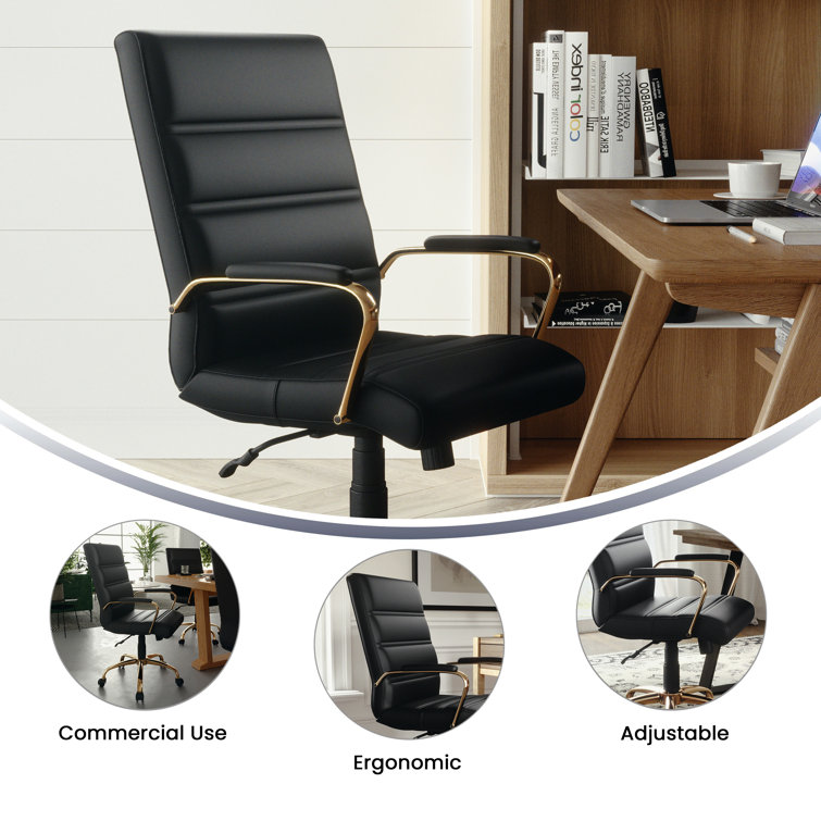 Mid-Back Black LeatherSoft Executive Swivel Office Chair with Gold Frame
