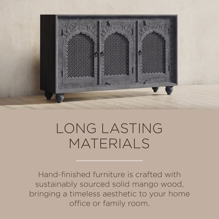 Gray Distressed Handmade Wooden Sideboard with Carved Doors