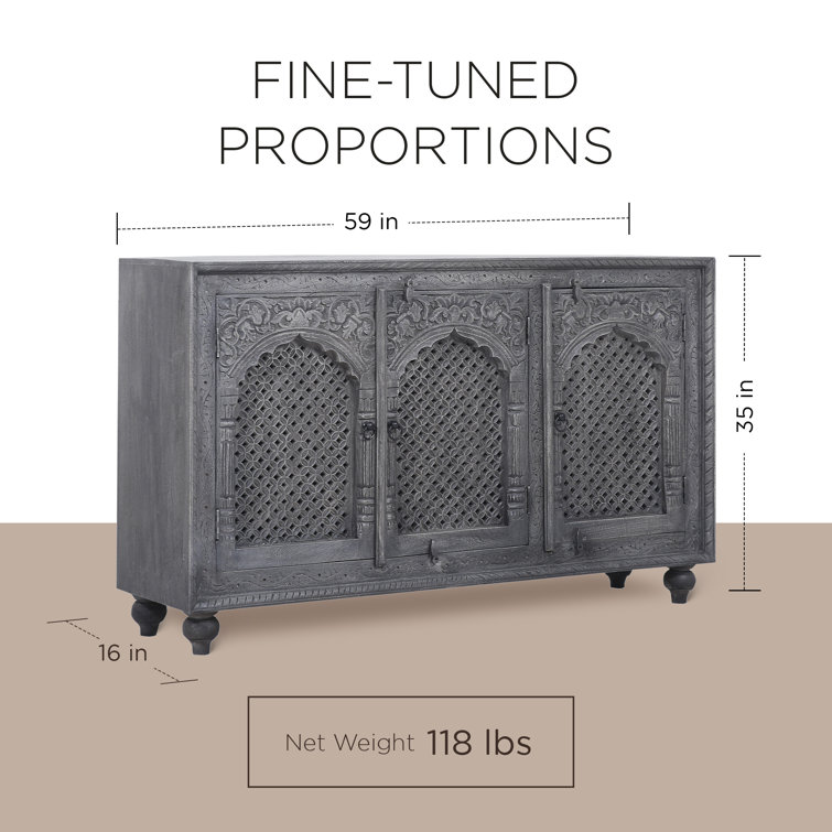 Gray Distressed Handmade Wooden Sideboard with Carved Doors
