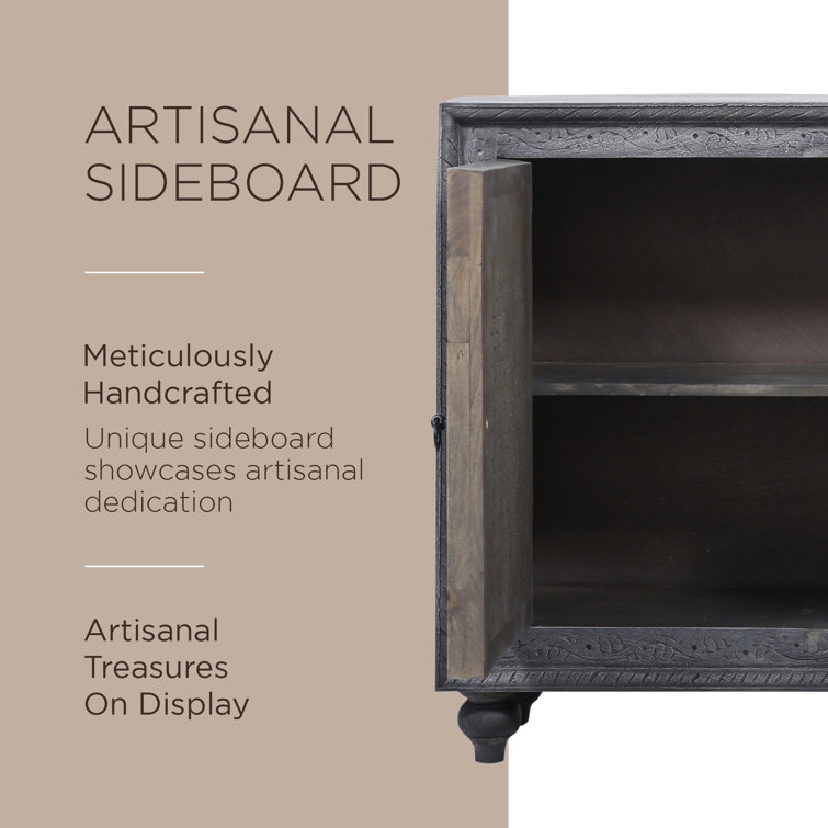 Gray Distressed Handmade Wooden Sideboard with Carved Doors
