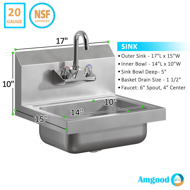 17" x 15" Stainless Steel Wall Mounted Hand Sink with Gooseneck Faucet