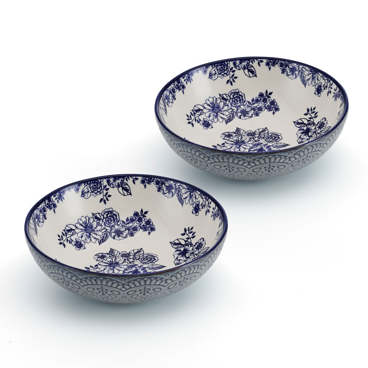 Gabriela 8" Blue and White Floral Ceramic Pasta Bowls, Set of 2