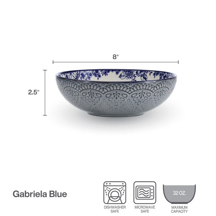 Gabriela 8" Blue and White Floral Ceramic Pasta Bowls, Set of 2