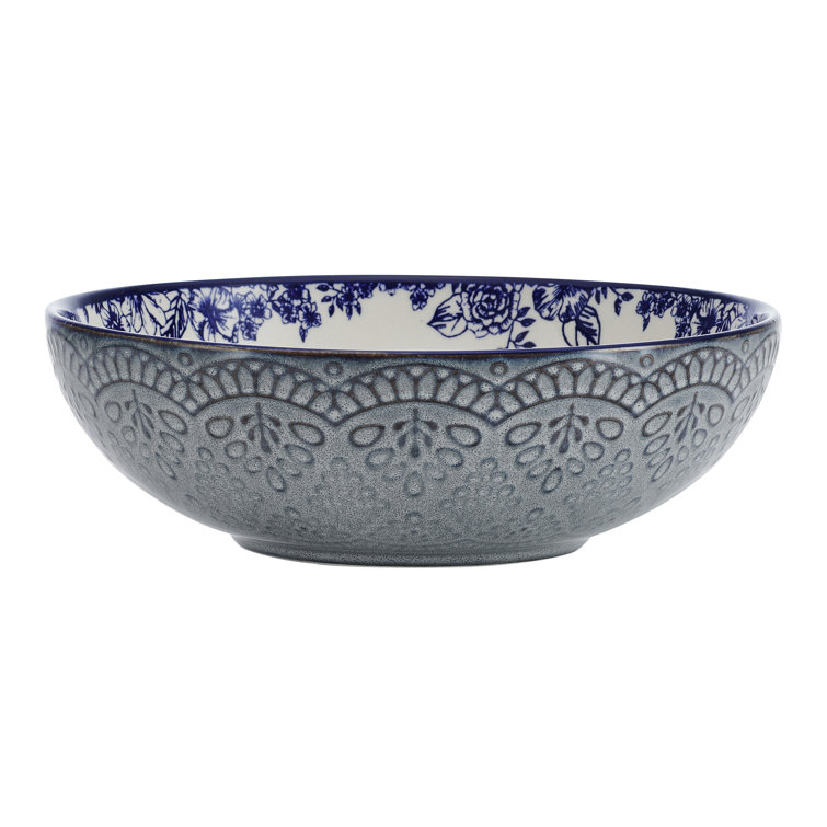 Gabriela 8" Blue and White Floral Ceramic Pasta Bowls, Set of 2